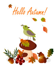 Card with a bird sitting on a mushroom and leaves. Autumn drawing with meta for text. Vector illustration. For postcards, invitations, covers, gift shops and markets, brochures and flyers.