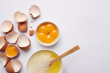 eggs and bowl on white background