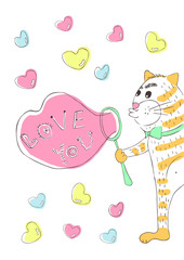 Creative congratulatory jpg print with lettering "Love You" on white background. Cheerful funny ginge cat with soap bubbles. Gift design mockup card for Valentine's Day 