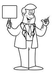 Black and white Cartoon illustration of A Doctor wearing coat and ties with stethoscope on his neck, holding a syringe and signboard, suitable for coloring book of kids with healthcare themes