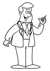 Black and white cartoon illustration of A Doctor wearing coat and ties with stethoscope on his neck, and holding a syringe, suitable for coloring book of children