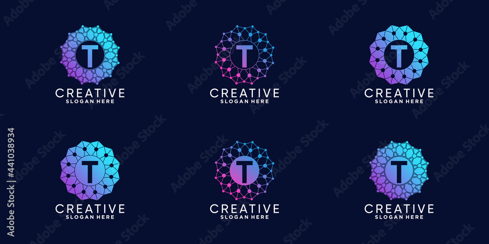 Fototapete set of monogram logo design for technology initial letter t with line art and dot style