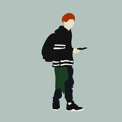 Vector illustration of Kpop street fashion. Street idols of Koreans. Kpop men's fashion idol.A guy in jeans and a black sweatshirt and carrying a backpack.
