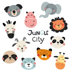 A collection of cute little animal faces. Children's illustration. Vector isolates on a white background. Jungle city.