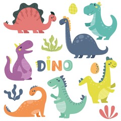 Collection of cute dinosaurs in the Scandinavian style. Cute animals, children's illustration, print for children's clothing and goods. Vector isolates.