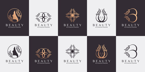 Set of abstract beauty logo design with olive tree in line art style