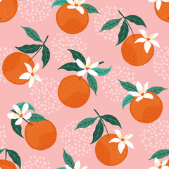 Abstract seamless pattern with orange fruits, flowers and leaves. Vector illustration.