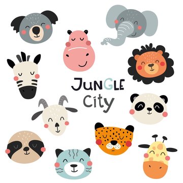 A collection of cute little animal faces. Children's illustration. Vector isolates on a white background. Jungle city.