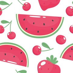 Seamless summer pattern with watermelon, strawberry, sweet cherry. Vector hand drawn illustration.