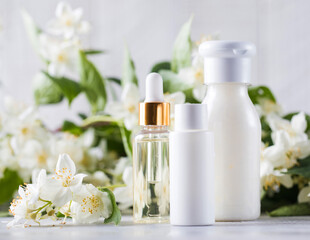 Fototapeta na wymiar Cosmetics with jasmine extract. Natural herbal cosmetics.
