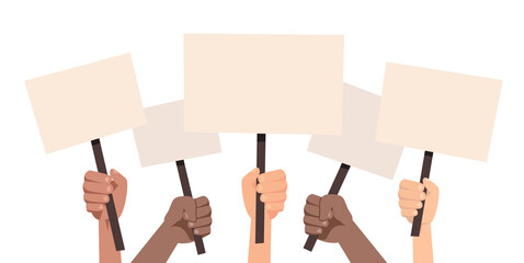 People holding placards isolated on white background. People against violence, descrimination, human rights. Protesters concept. Vector stock
