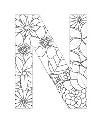 Coloring page Alphabet for kids with cute characters in doodle style. ABC coloring page - letter N
