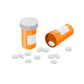 Pill bottles and pills. Open plastic pills tube with cap. Meds pills lying down. Drug medication, supplements and medicament. Realistic flat style vector medicine object illustration.