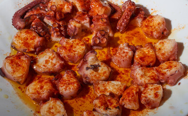A plate of cooked octopus garnished with sweet paprika