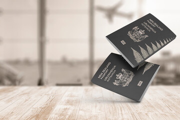 New Zealand passport on dark wood panel, top shot, Citizenship by Investment ,Passport floating in...