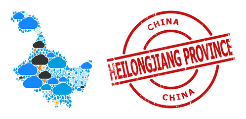 Weather pattern map of Heilongjiang Province, and rubber red round badge. Geographic vector composition map of Heilongjiang Province is composed with randomized rain, cloud, sun, thunderstorm items.