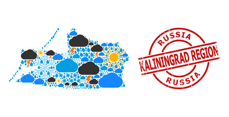 Naklejka premium Climate collage map of Kaliningrad Region, and rubber red round stamp. Geographic vector collage map of Kaliningrad Region is constructed with randomized rain, cloud, sun, thunderstorm elements.
