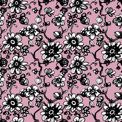 Black daisies, dahlias flower seamless pattern on pink background. Daisy field. Ditsy floral pattern print. Vector floral illustration. Wild flowering texture.