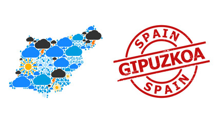 Climate mosaic map of Gipuzkoa Province, and distress red round seal. Geographic vector mosaic map of Gipuzkoa Province is composed with scattered rain, cloud, sun, thunderstorm elements.