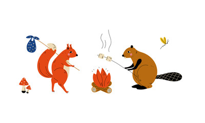 Humanized Animal Characters Having Camping Adventure Frying Marshmallow Vector Set © topvectors