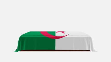 Side View of a Casket on a White Background covered with the Country Flag of Algeria