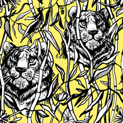 Tiger and lion seamless pattern. Exotic jungle yellow background with drawn tropical bamboo leaves and trees. Black line art vector illustration. Trendy tigers and lions print