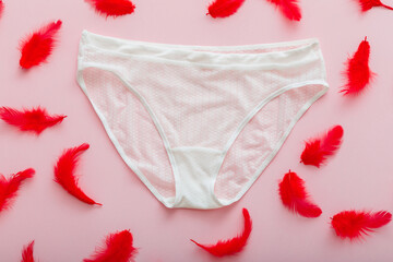 Female lingerie. White women pantie surrounded by red soft feathers on pink color background. Menstrual cycle. Flat lay Top view white underwear panties.