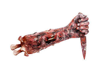undead hand attacking with knife, assassin, bloody monster, isolated white background.