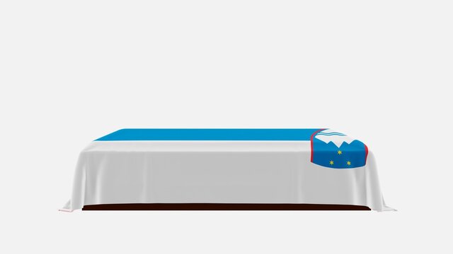 Side View of a Casket on a White Background covered with the Country Flag of Slovenia