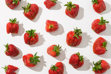 Pattern of organic ugly strawberry with sunny shadow on white background. View from above. Concept organic products.