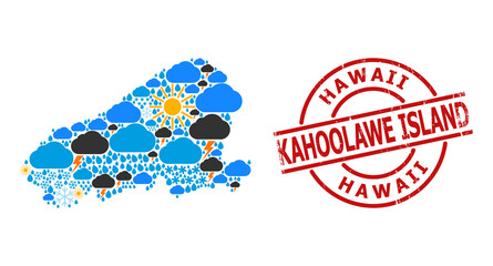 Weather pattern map of Kahoolawe Island, and textured red round stamp seal. Geographic vector composition map of Kahoolawe Island is designed from randomized rain, cloud, sun, thunderstorm items.