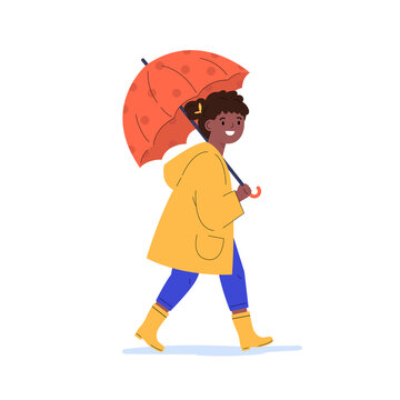 The girl walks in the rain. Happy child in a yellow raincoat under umbrella during rain. Flat vector cartoon illustration isolated on white background.