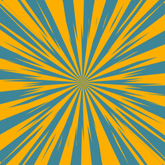 Pop art radial colorful comics book magazine cover. Striped orange and blue digital background. Cartoon funny retro pattern strip mock up. Vector halftone illustration. Sunburst, starburst shape