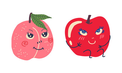 Cute Cartoon Smiling Fruit Character with Hands Vector Set