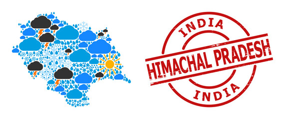 Climate collage map of Himachal Pradesh State, and textured red round stamp. Geographic vector mosaic map of Himachal Pradesh State is organized from randomized rain, cloud, sun, thunderstorm items.