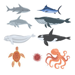 Underwater Ocean Sea Creatures and Animals Set, Humpback Whale, Turtle, Octopus, Sea Urchin, Dolphin, Swordfish Cartoon Vector Illustration