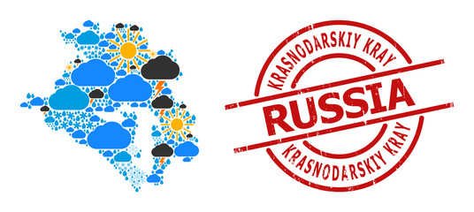 Weather pattern map of Krasnodarskiy Kray, and distress red round stamp seal. Geographic vector collage map of Krasnodarskiy Kray is done with randomized rain, cloud, sun, thunderstorm icons.
