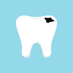 Tooth decay dental icon isolated on blue background. Tooth with caries hole. Vector flat design cartoon style dentistry clip art illustration. 