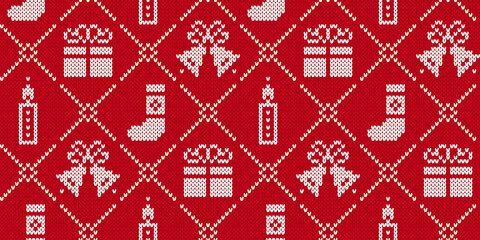 Knit christmas print. Xmas seamless pattern with gift box, candles, bells and stocking. Vector. Festive sweater background. Holiday red texture. Wool scandinavian pullover illustration. © Iryna
