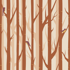Forest, trees with birds on branches seamless pattern, vector background