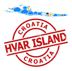 Climate collage map of Hvar Island, and textured red round stamp seal. Geographic vector collage map of Hvar Island is constructed from random rain, cloud, sun, thunderstorm elements.