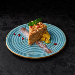 piece of Napoleon cake. Layered cake with custard