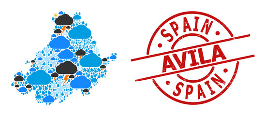 Weather collage map of Avila Province, and grunge red round stamp seal. Geographic vector collage map of Avila Province is combined with scattered rain, cloud, sun, thunderstorm icons.