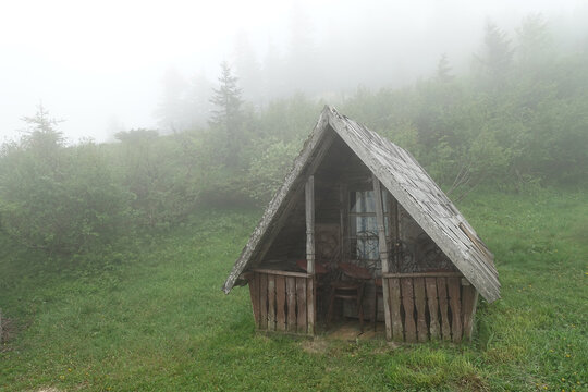 Abandoned wooden cabin in a misty forest. Summer foggy mysterious landscape            
 - Powered by Adobe