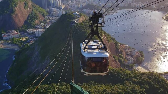 Sugar Loaf Hill and the cable car going up in the late afternoon in Rio de Janeiro
