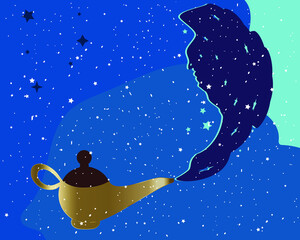 Lamp of wishes vector illustration. Genie of the golden lamp.