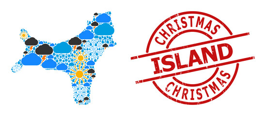Weather collage map of Christmas Island, and grunge red round badge. Geographic vector collage map of Christmas Island is designed with randomized rain, cloud, sun, thunderstorm icons.