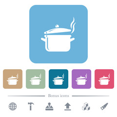 Steaming glossy pot with lid flat icons on color rounded square backgrounds