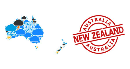 Climate pattern map of Australia and New Zealand, and textured red round stamp seal. Geographic vector concept map of Australia and New Zealand is done with random rain, cloud, sun,