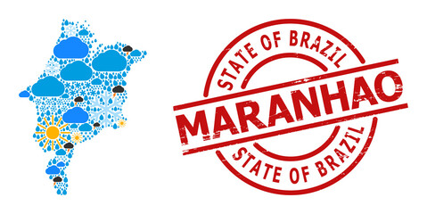 Weather collage map of Maranhao State, and scratched red round stamp. Geographic vector collage map of Maranhao State is combined from random rain, cloud, sun, thunderstorm icons.